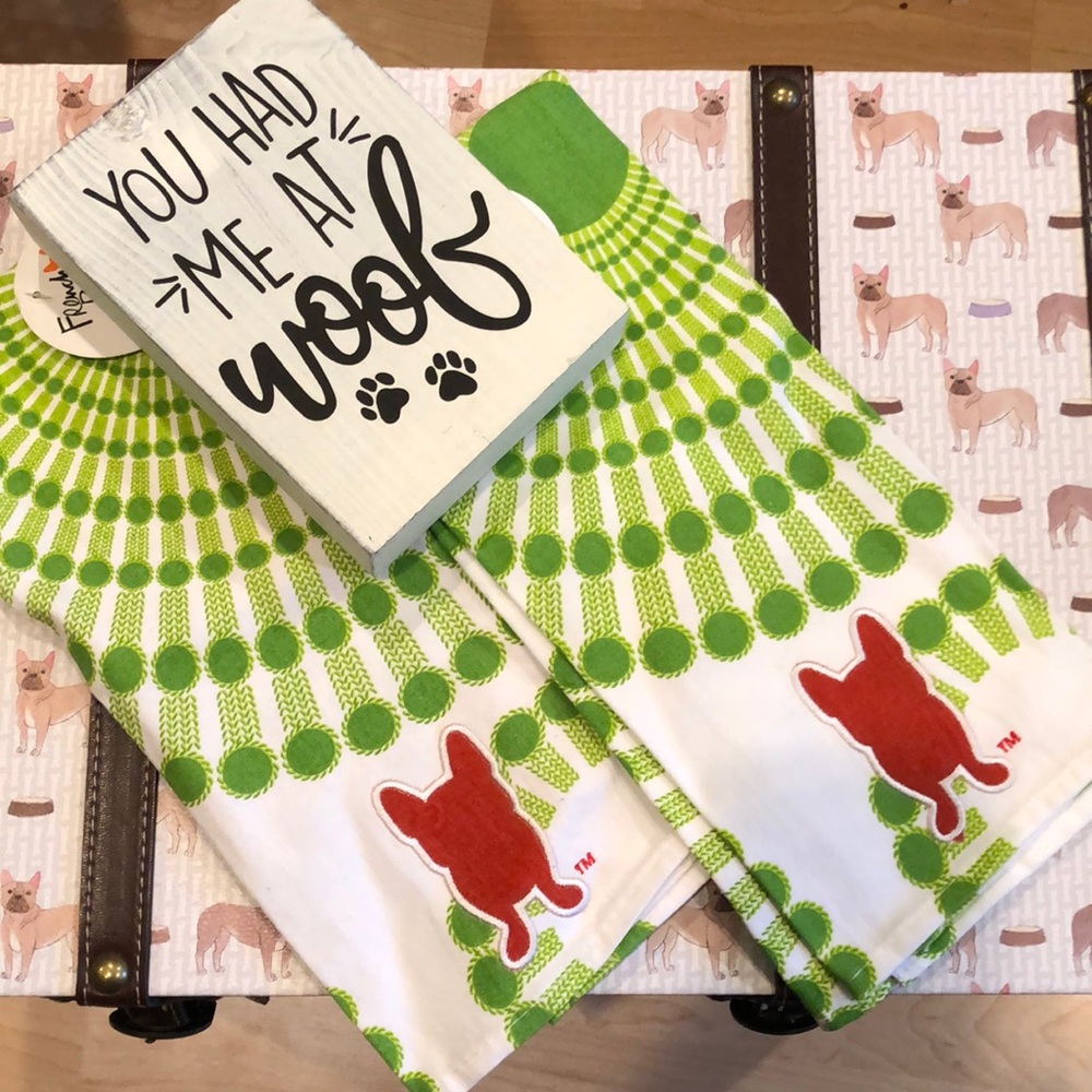 French Bulldog green and red kitchen towels. NWT